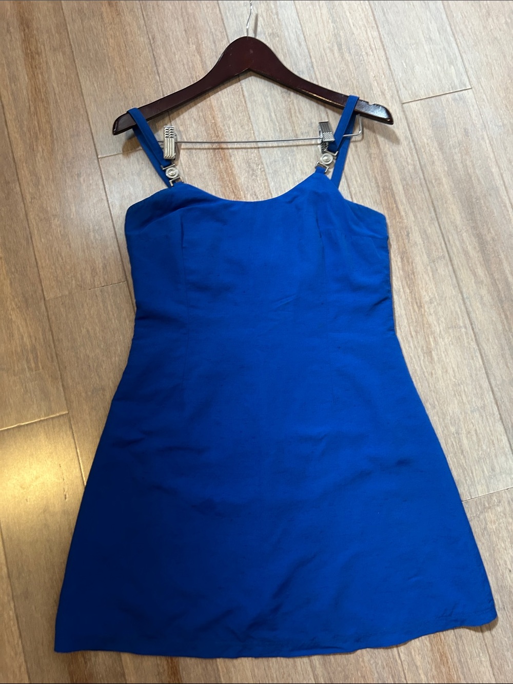 Vtg Versace blue mini dress featuring the brand's iconic metal Medusa hardware.